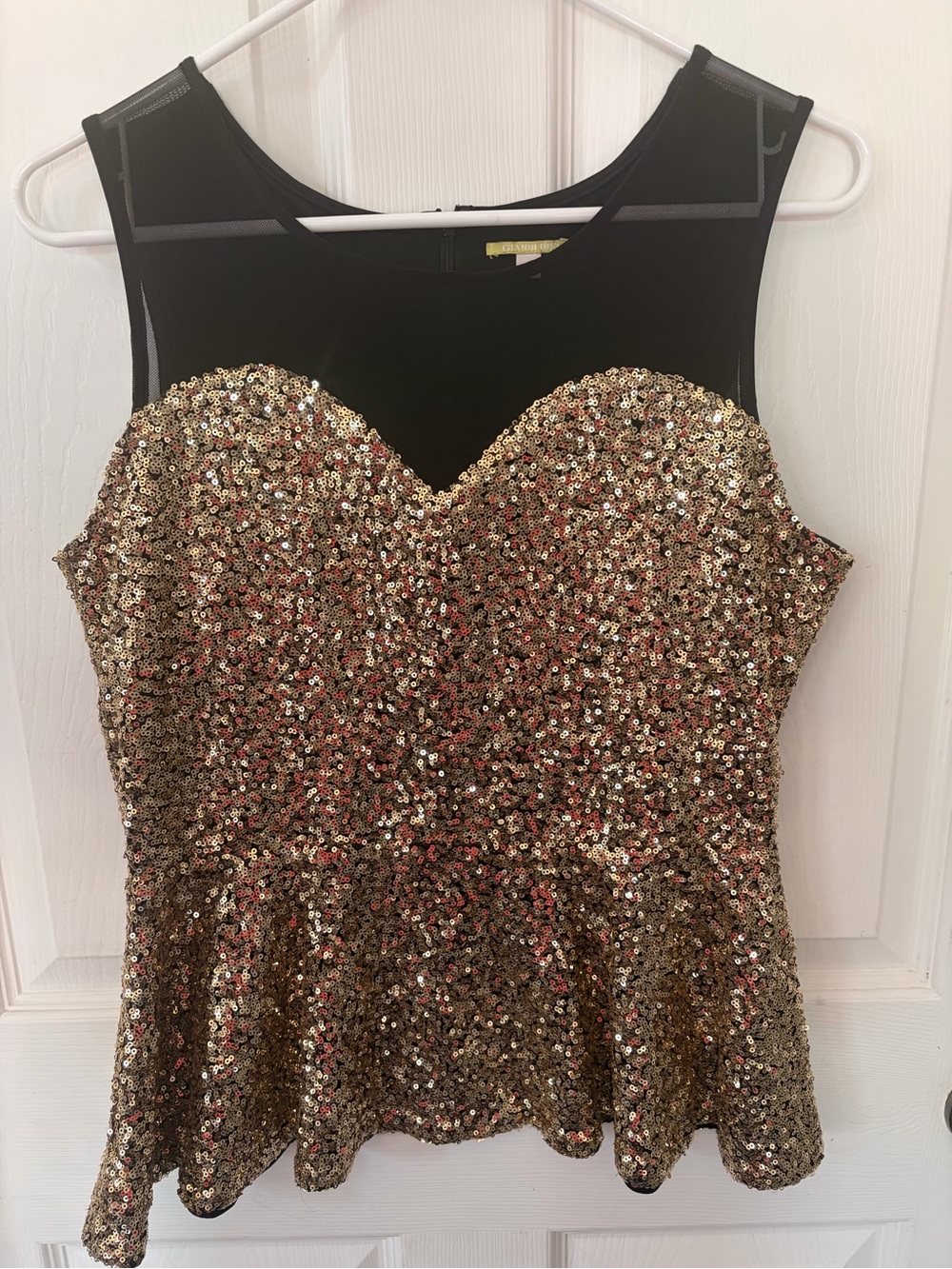 Gianni Bini Black Mesh Gold Sequons Scoop Neck Top w slight wear